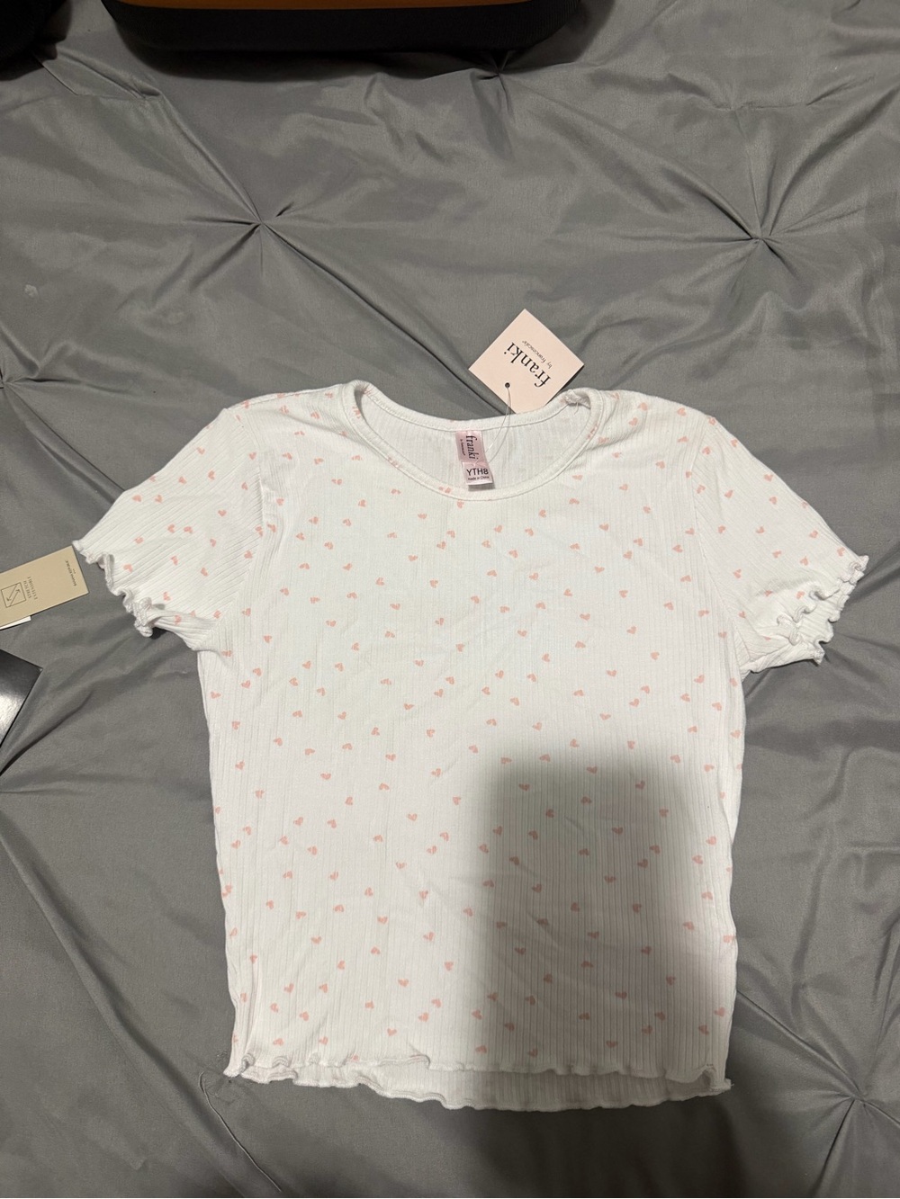 Francesca's Collections White Ribbed Tee with Pink Heart Print